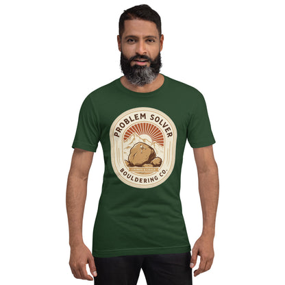Problem Solver Bouldering Badge t-shirt — Forest, on model