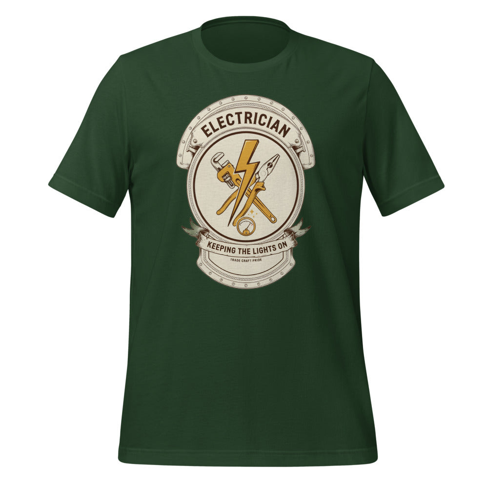 Electrician Journeyman trade crest tee — Forest, front