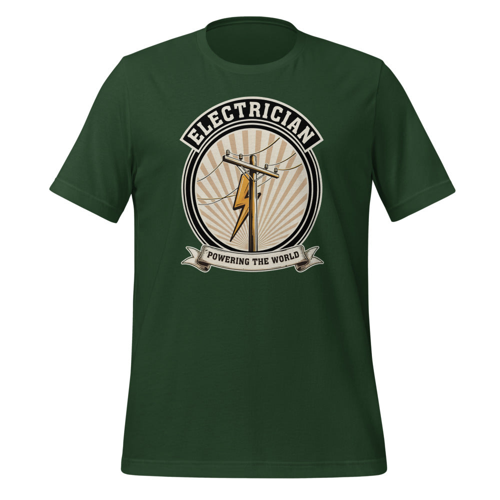 Powering The World electrician emblem tee — Forest, front