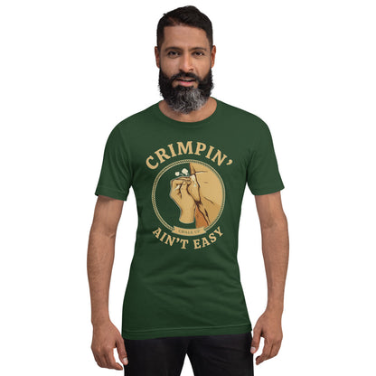 Crimpin' Ain't Easy bouldering badge t-shirt — Forest, on model