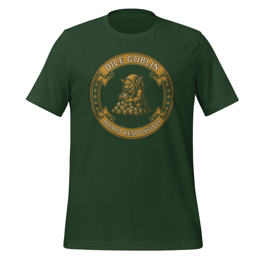 Dice Goblin Hoard Responsibly tabletop RPG tee — Forest, front