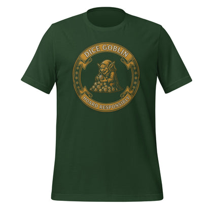 Dice Goblin Hoard Responsibly tabletop RPG tee — Forest, front