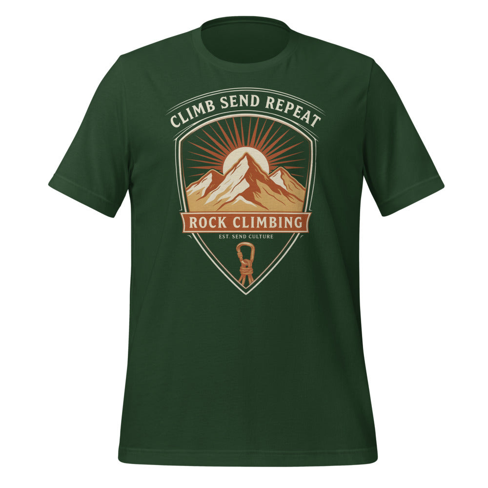 Climb Send Repeat mountaineering crest t-shirt — Forest, front