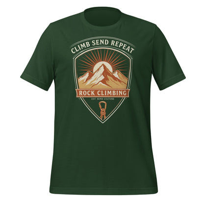 Climb Send Repeat mountaineering crest t-shirt — Forest, front