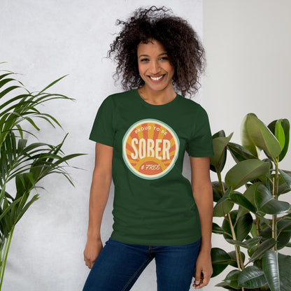 Sober & Proud retro sunburst tee — Forest, on model