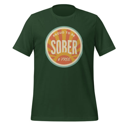 Sober & Proud retro sunburst tee — Forest, front
