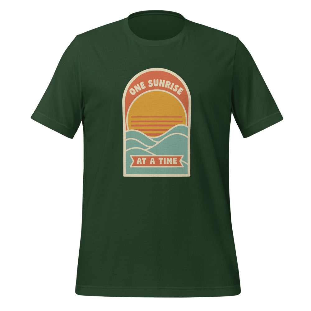 One Sunrise at a Time retro sunrise tee — Forest, front