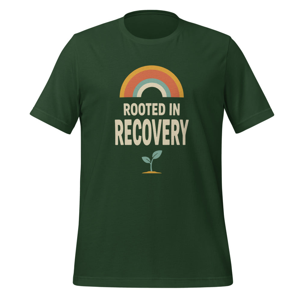 Rooted in Recovery retro rainbow tee — Forest, front