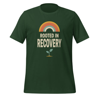 Rooted in Recovery retro rainbow tee — Forest, front
