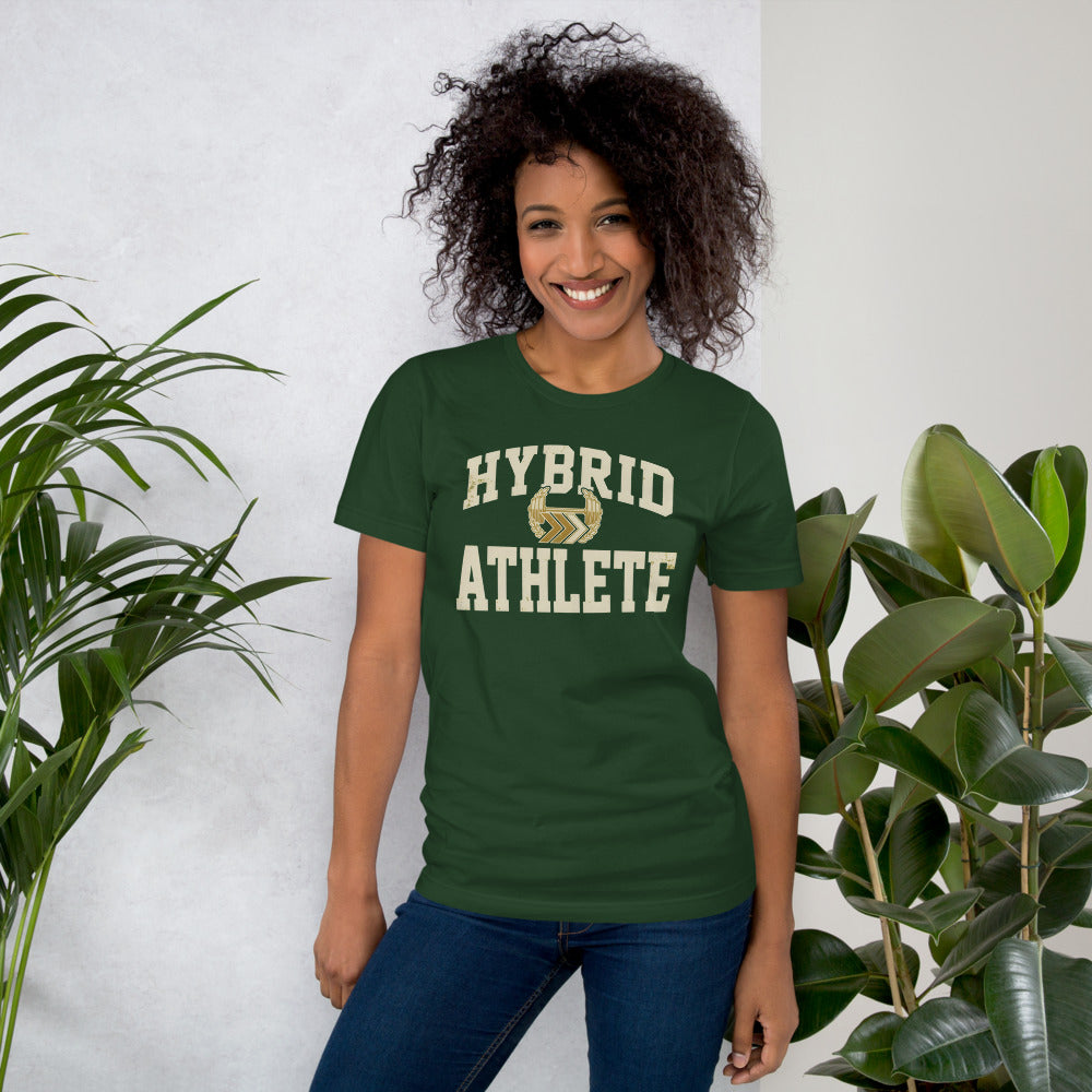 Hybrid Athlete vintage varsity tee — Forest, on model