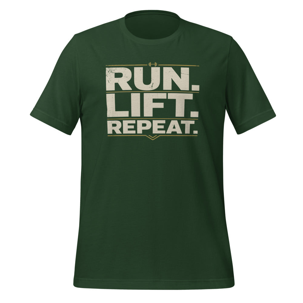 Run Lift Repeat vintage athletic tee — Forest, front