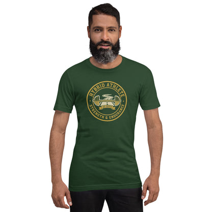 Hybrid Athlete vintage athletic-department crest tee — Forest, on model