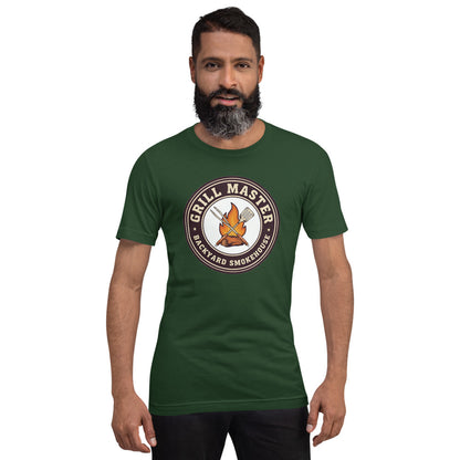 Grill Master retro backyard smokehouse tee — Forest, on model