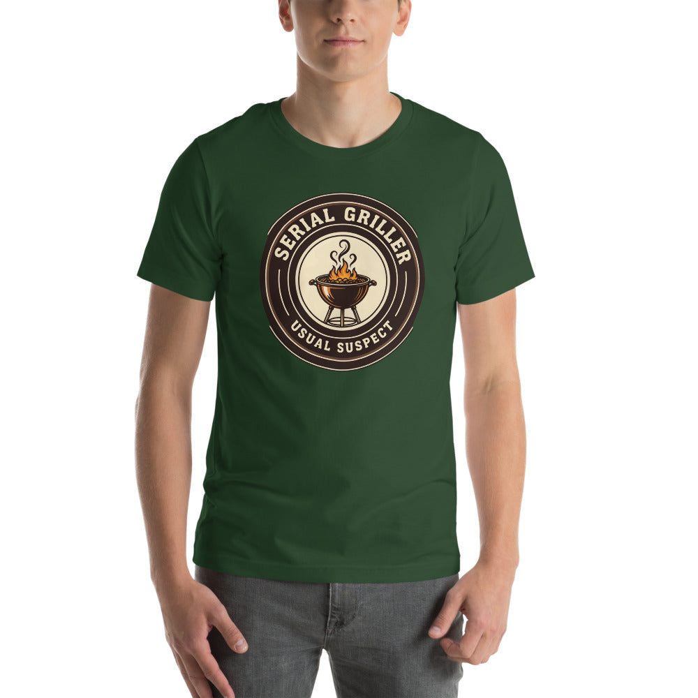 Serial Griller funny BBQ tee — Forest, on model