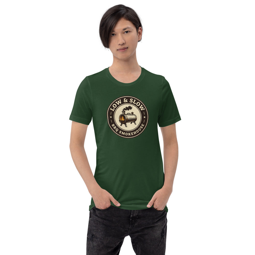 Low & Slow BBQ smoker tee — Forest, on model