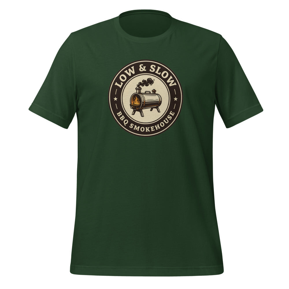 Low & Slow BBQ smoker tee — Forest, front