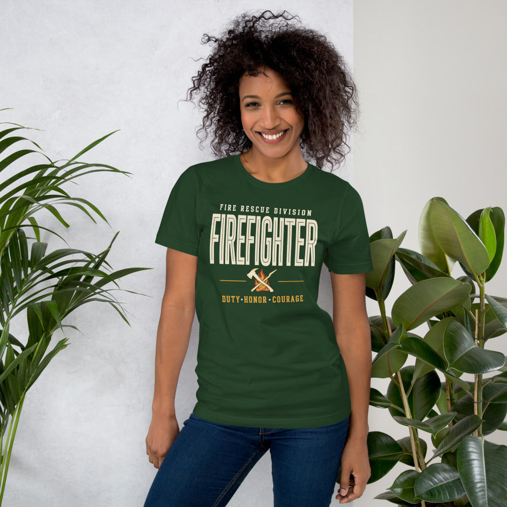 Firefighter collegiate wordmark retro fire-rescue tee — Forest, on model
