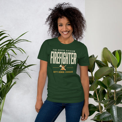 Firefighter collegiate wordmark retro fire-rescue tee — Forest, on model