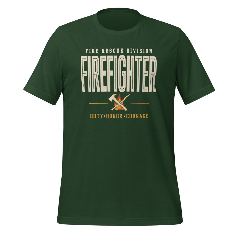 Firefighter collegiate wordmark retro fire-rescue tee — Forest, front