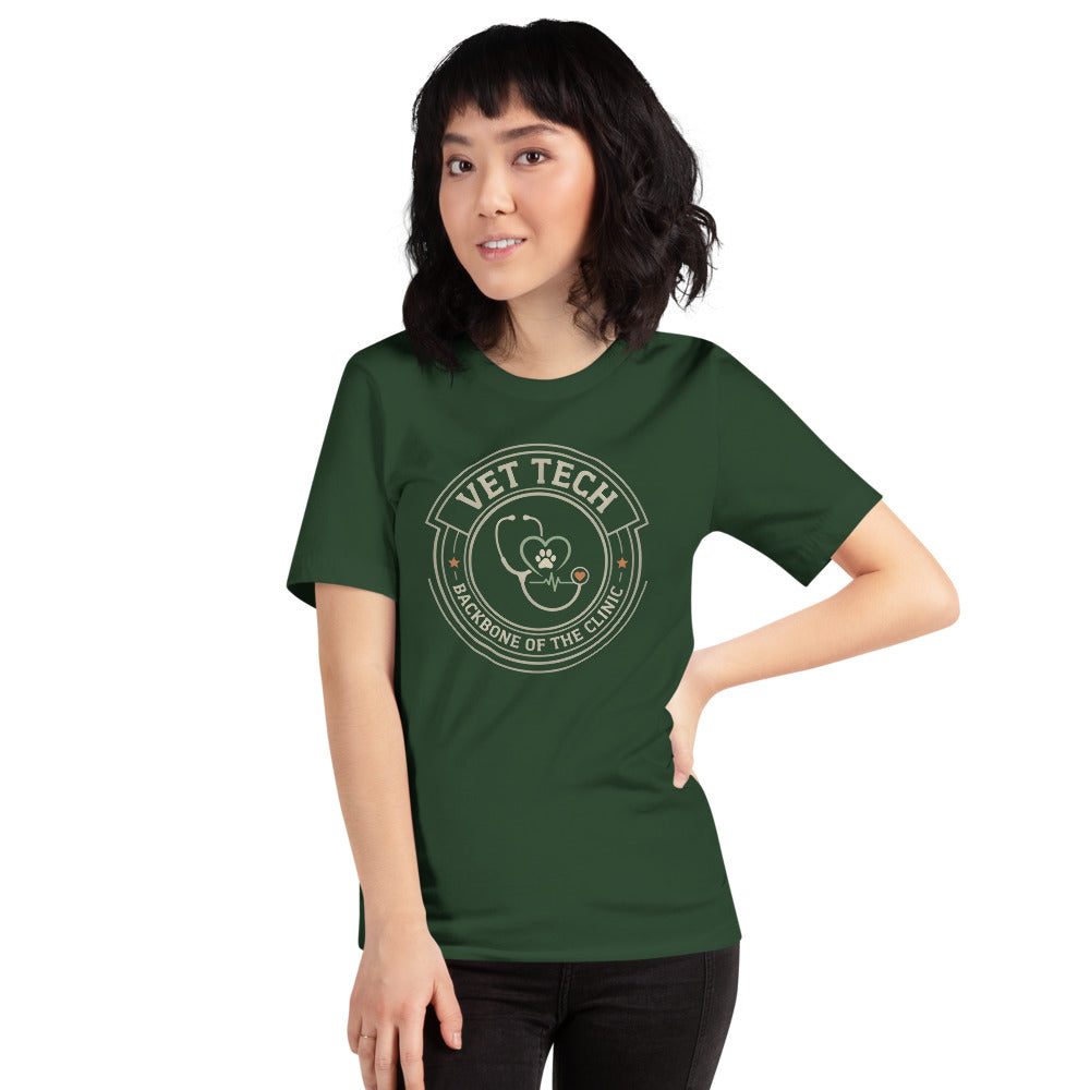 Vet Tech Crest retro veterinary technician tee — Forest, on model