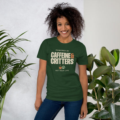 Powered by Caffeine & Critters funny vet tech tee — Forest, on model