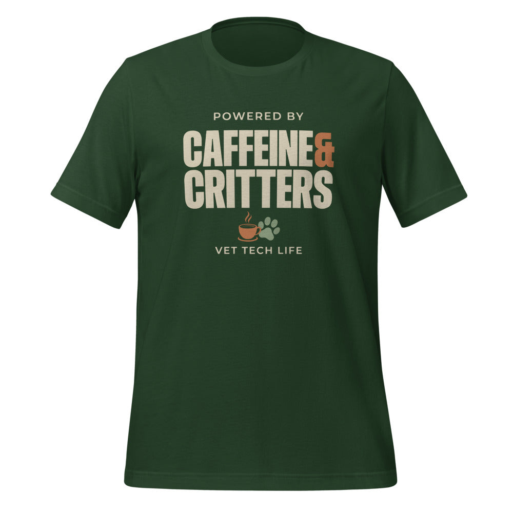 Powered by Caffeine & Critters funny vet tech tee — Forest, front