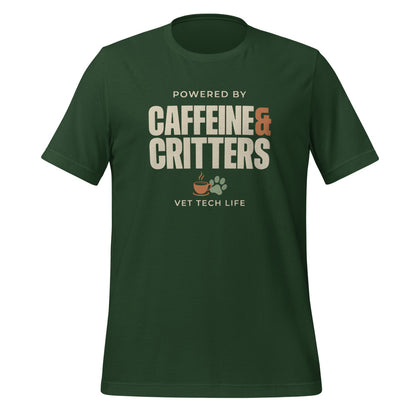 Powered by Caffeine & Critters funny vet tech tee — Forest, front