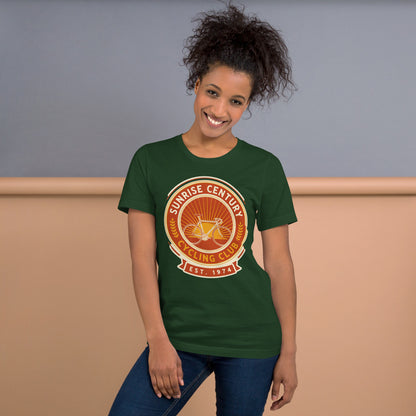 Sunrise Century C.C. retro cycling club badge t-shirt — Forest, on model