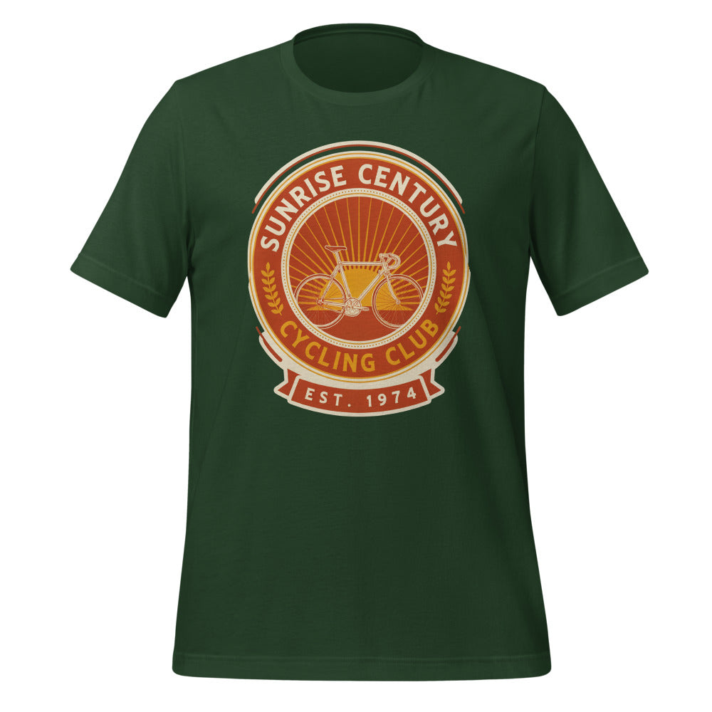 Sunrise Century C.C. retro cycling club badge t-shirt — Forest, front