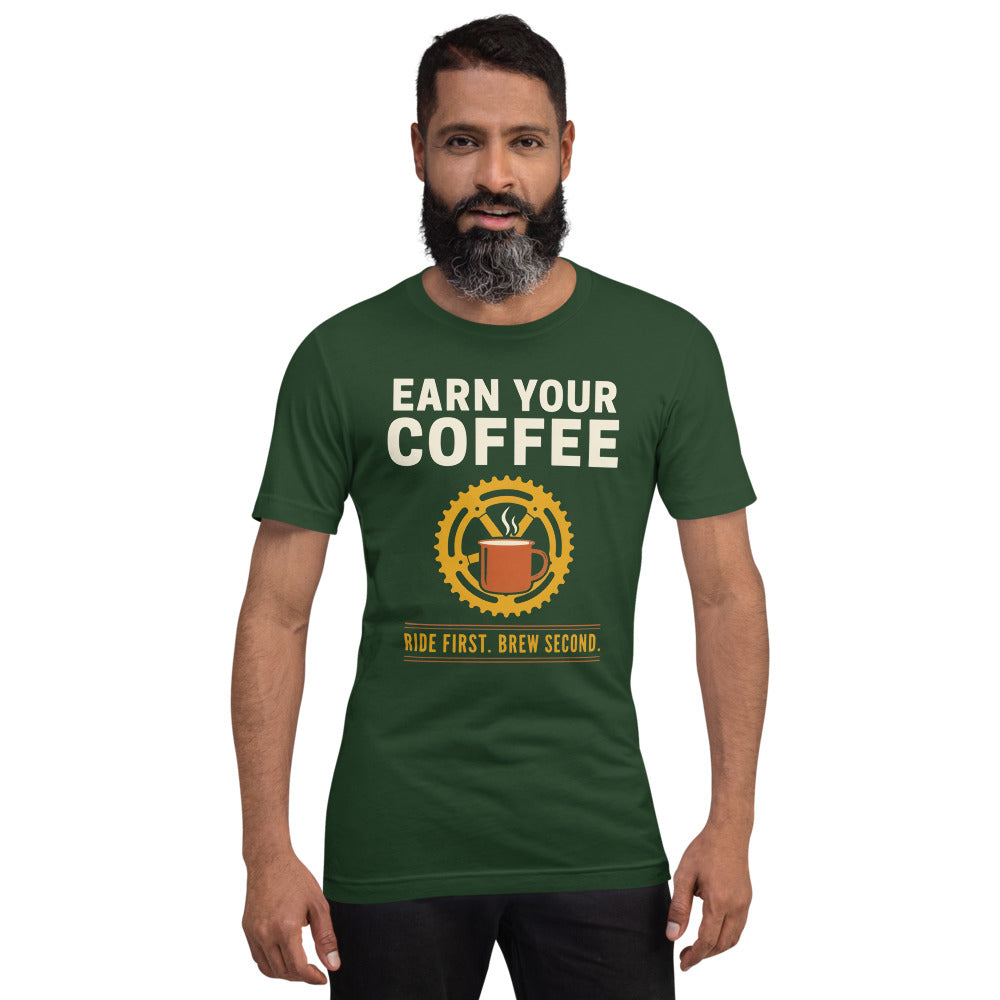 Earn Your Coffee retro cycling coffee t-shirt — Forest, on model