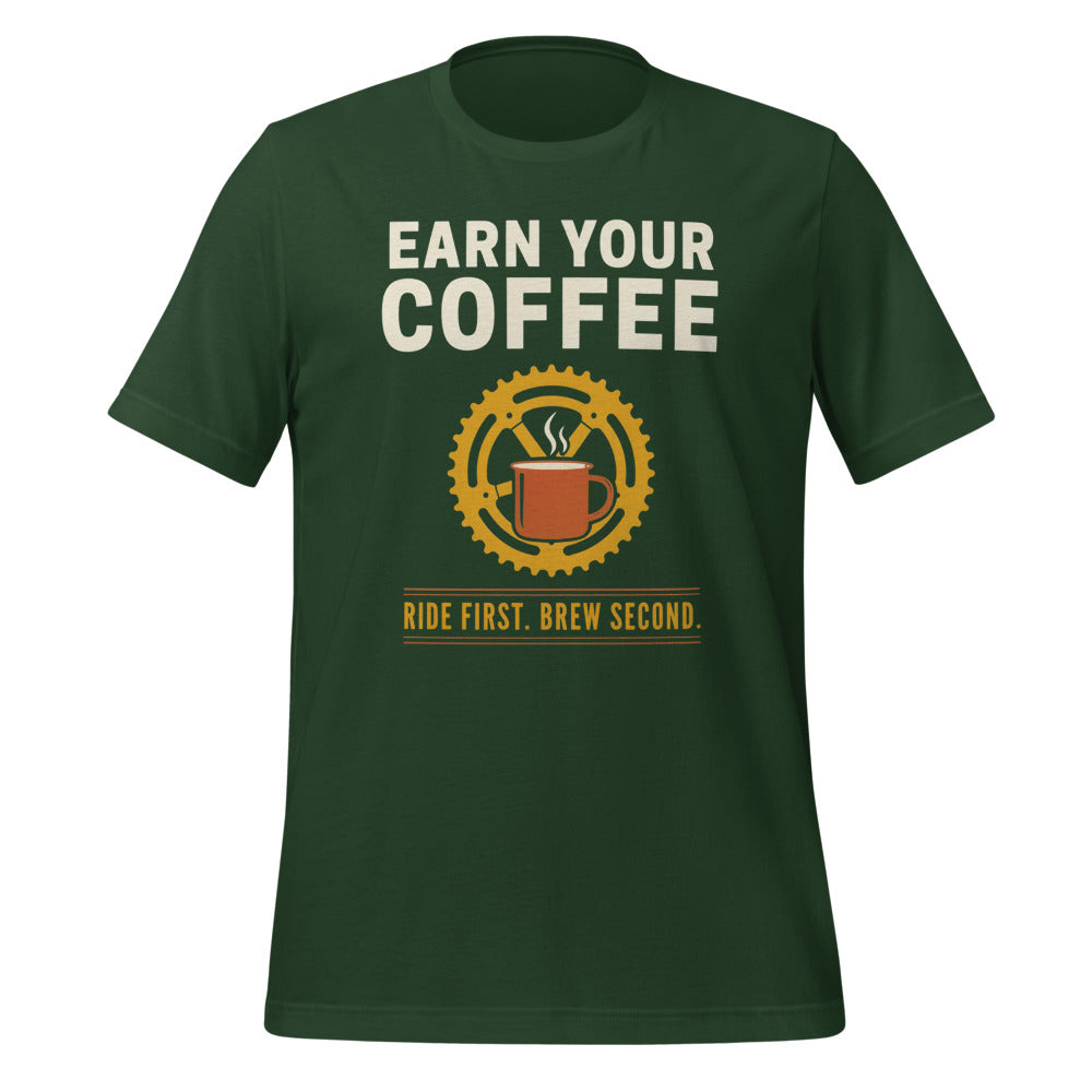 Earn Your Coffee retro cycling coffee t-shirt — Forest, front