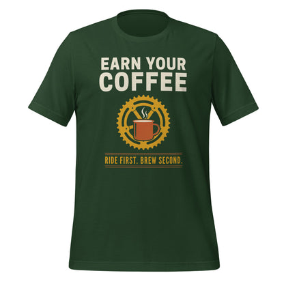 Earn Your Coffee retro cycling coffee t-shirt — Forest, front
