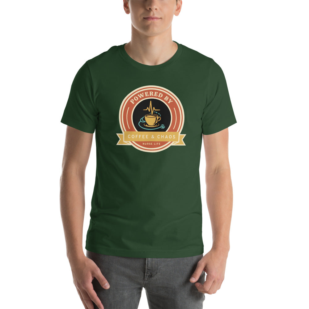 Powered by Coffee & Chaos retro nurse badge tee — Forest, on model