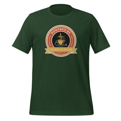Powered by Coffee & Chaos retro nurse badge tee — Forest, front