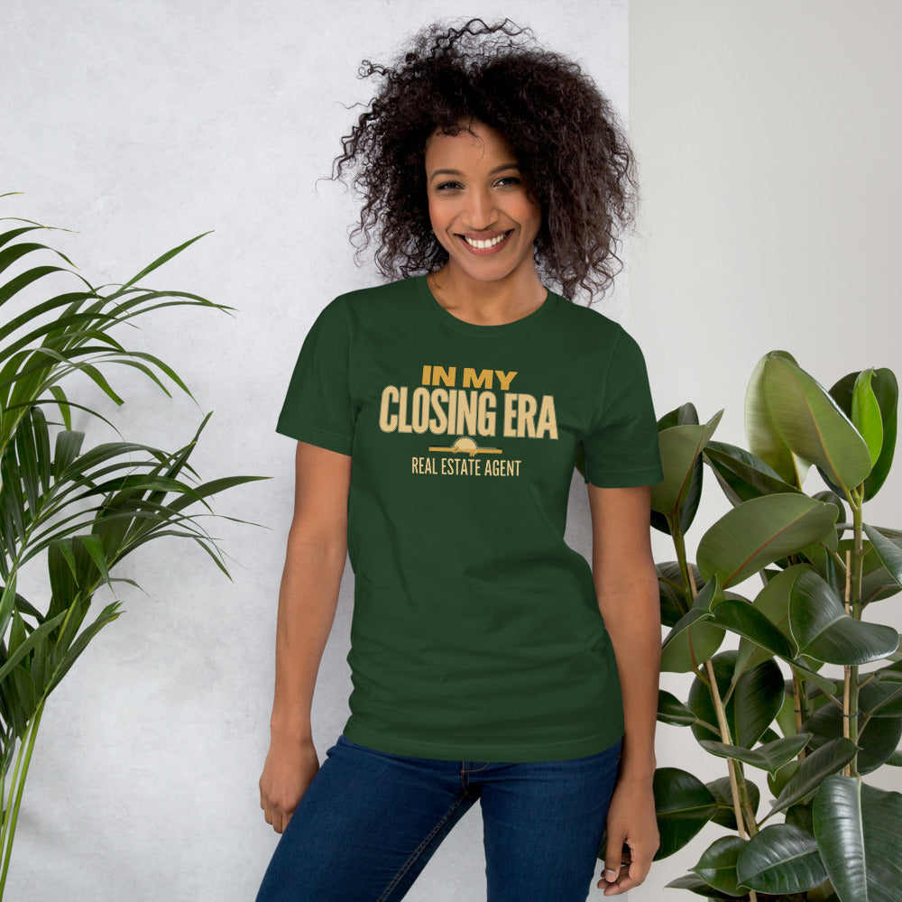 In My Closing Era real estate agent tee — Forest, on model