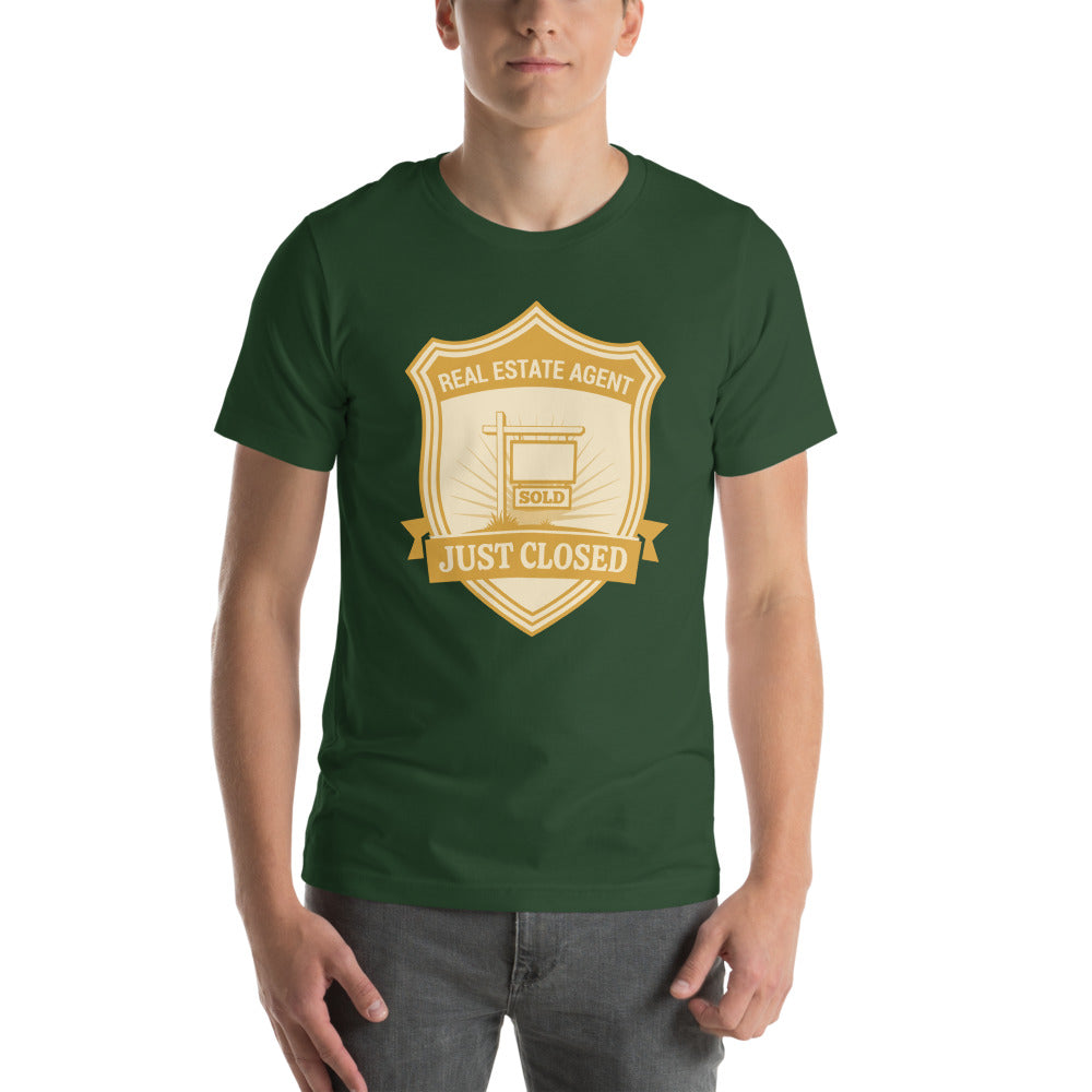 Just Closed real estate agent tee — Forest, on model