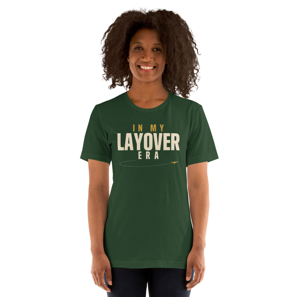 In My Layover Era flight attendant tee — Forest, on model