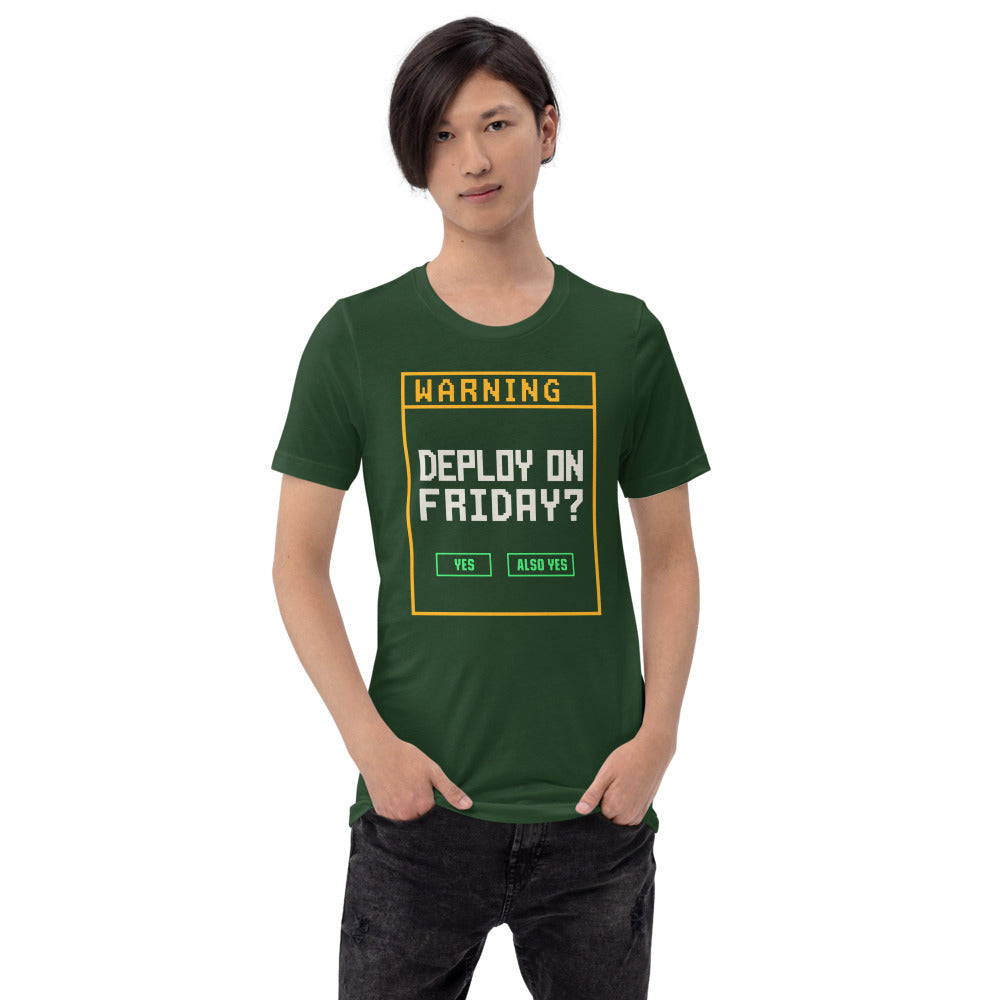Deploy On Friday programmer tee — Forest, on model