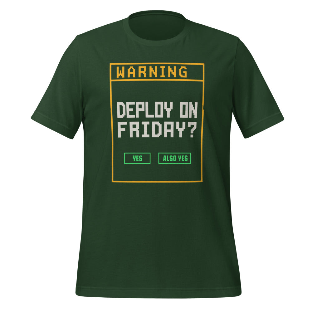 Deploy On Friday programmer tee — Forest, front