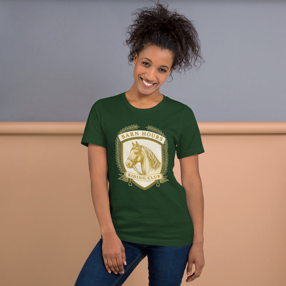 Barn Hours Riding Club vintage equestrian stable crest t-shirt — Forest, on model