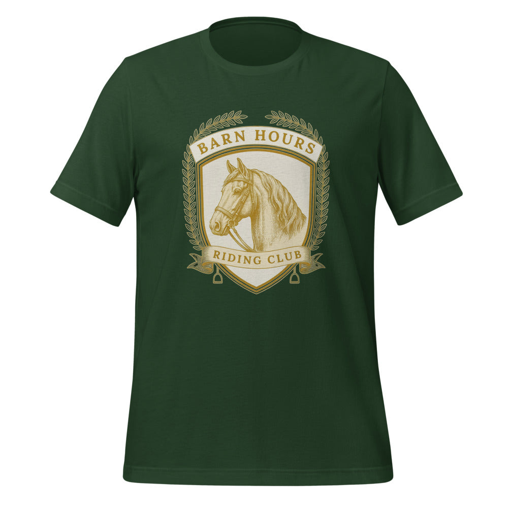 Barn Hours Riding Club vintage equestrian stable crest t-shirt — Forest, front