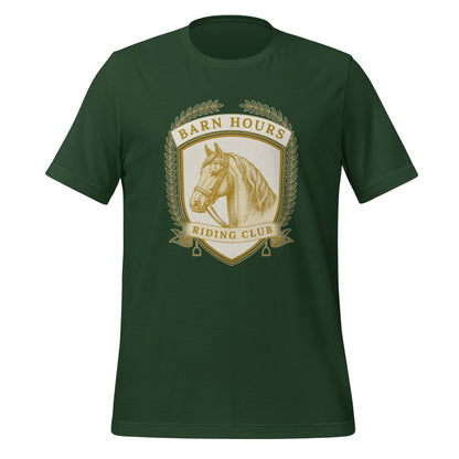 Barn Hours Riding Club vintage equestrian stable crest t-shirt — Forest, front