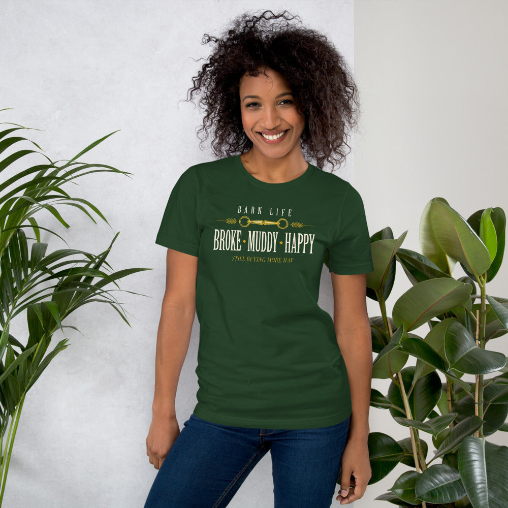 Broke Muddy Happy funny barn life equestrian t-shirt — Forest, on model
