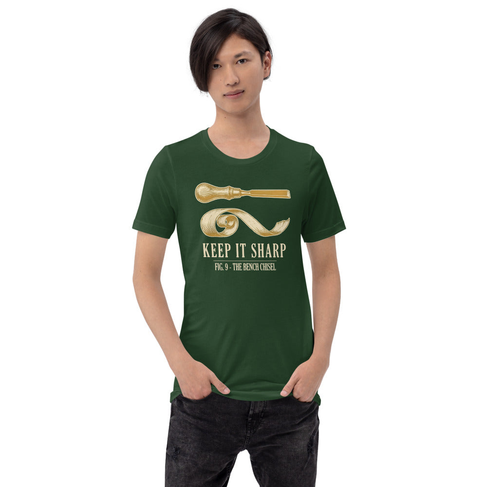 Keep It Sharp woodworking tee — Forest, on model