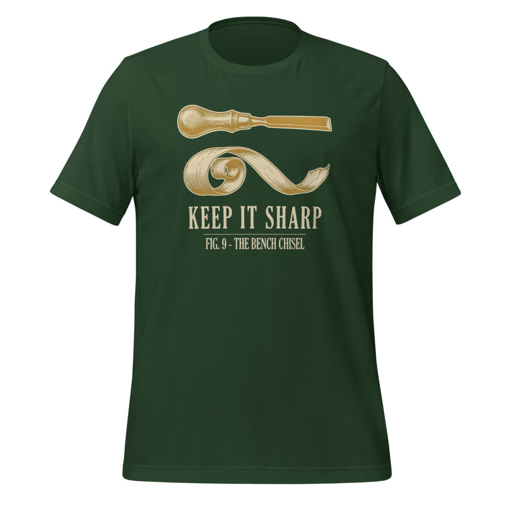 Keep It Sharp woodworking tee — Forest, front