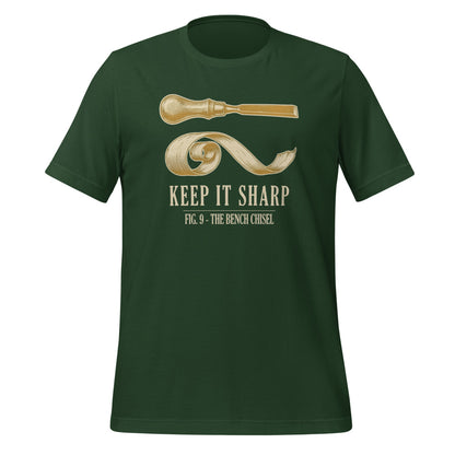 Keep It Sharp woodworking tee — Forest, front