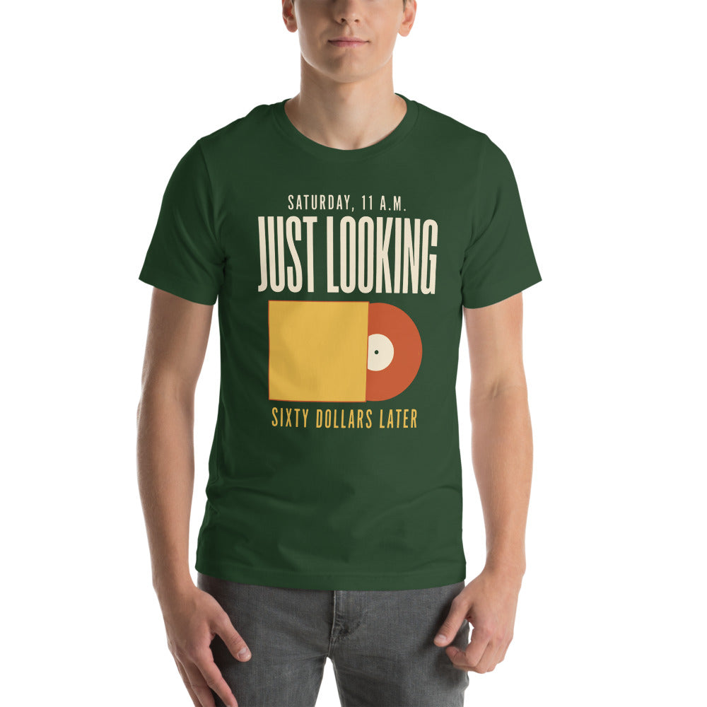 Just Looking Sixty Dollars Later vinyl record tee — Forest, on model