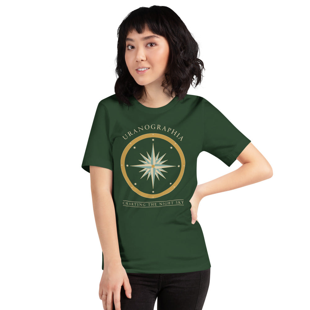 Uranographia vintage celestial chart astronomy tee — Forest, on model
