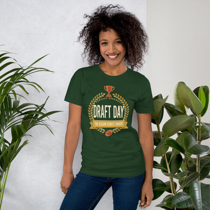 Draft Day Almanac vintage fantasy football draft tee — Forest, on model