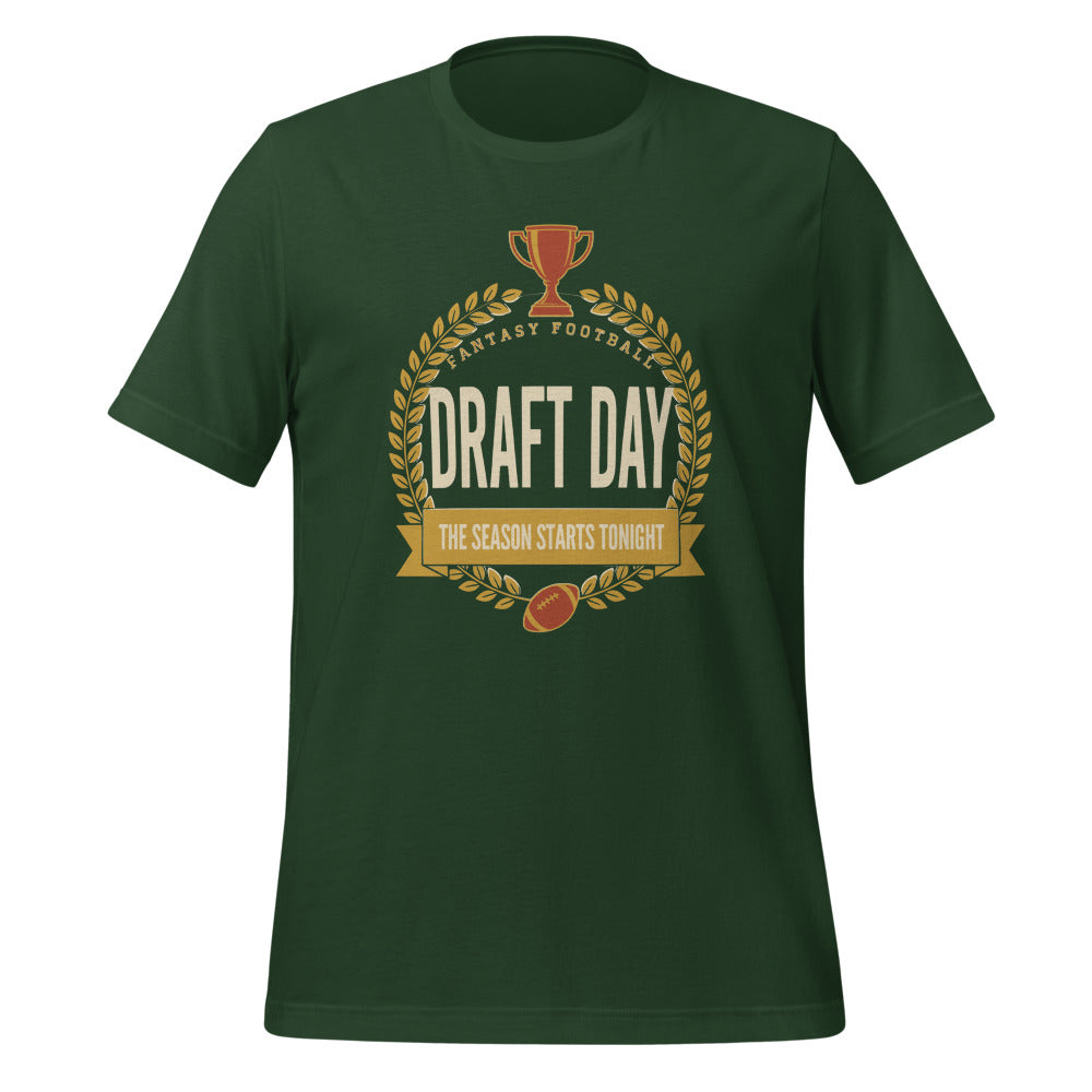 Draft Day Almanac vintage fantasy football draft tee — Forest, front